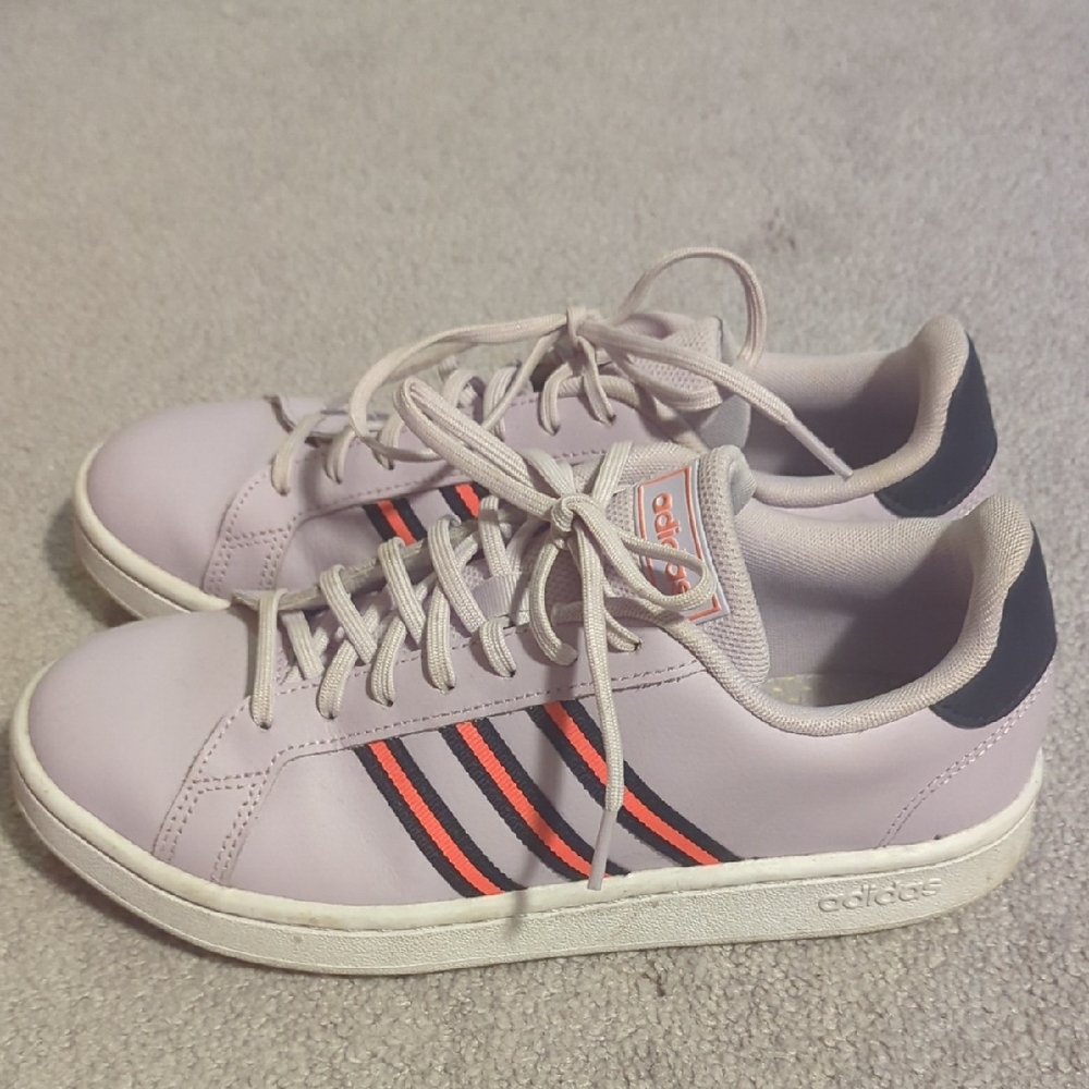 Adidas Women's Light Pink Sneakers with Black and Red Stripes